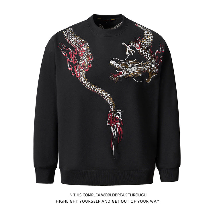 Sukajan Chinese-style Guochao heavy-industry dragon embroidery fleece crew neck pullover sweatshirt for men and women