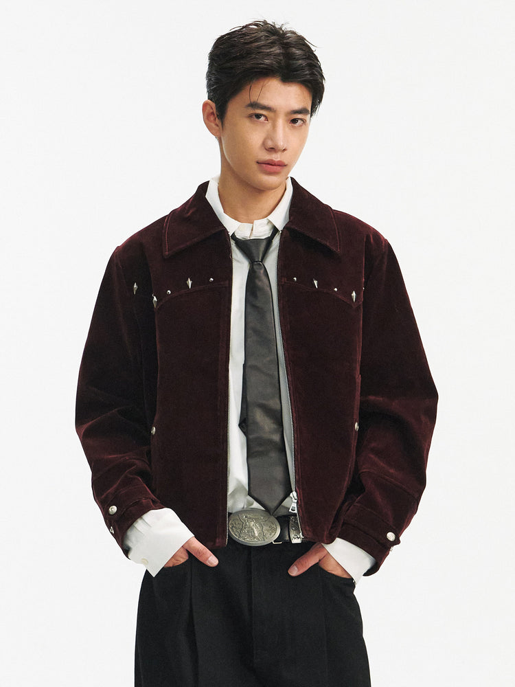 TAICHIISM 26FW "Red Night" velvet flocked denim short elegant riveted lapel western jacket