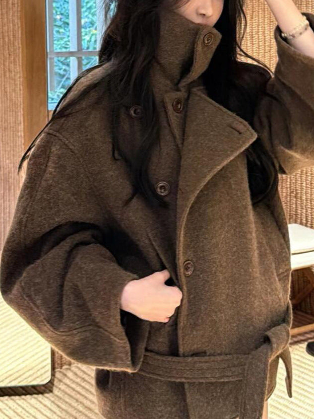 26 Autumn/Winter New Old Coin Style Camel Hair Short Wool Coat Tied Bathrobe Jacket Camel Waist-Cinching Vintage