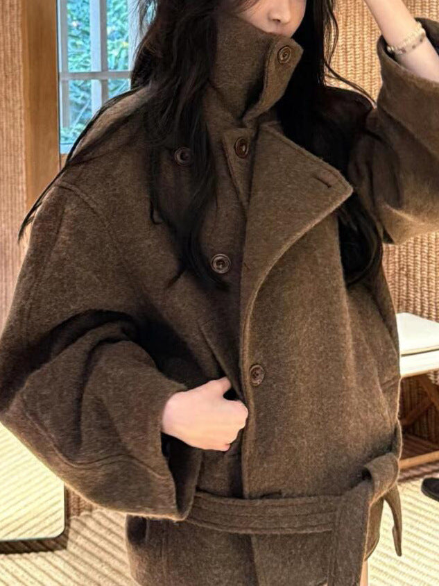 26 Autumn/Winter New Old Coin Style Camel Hair Short Wool Coat Tied Bathrobe Jacket Camel Waist-Cinching Vintage