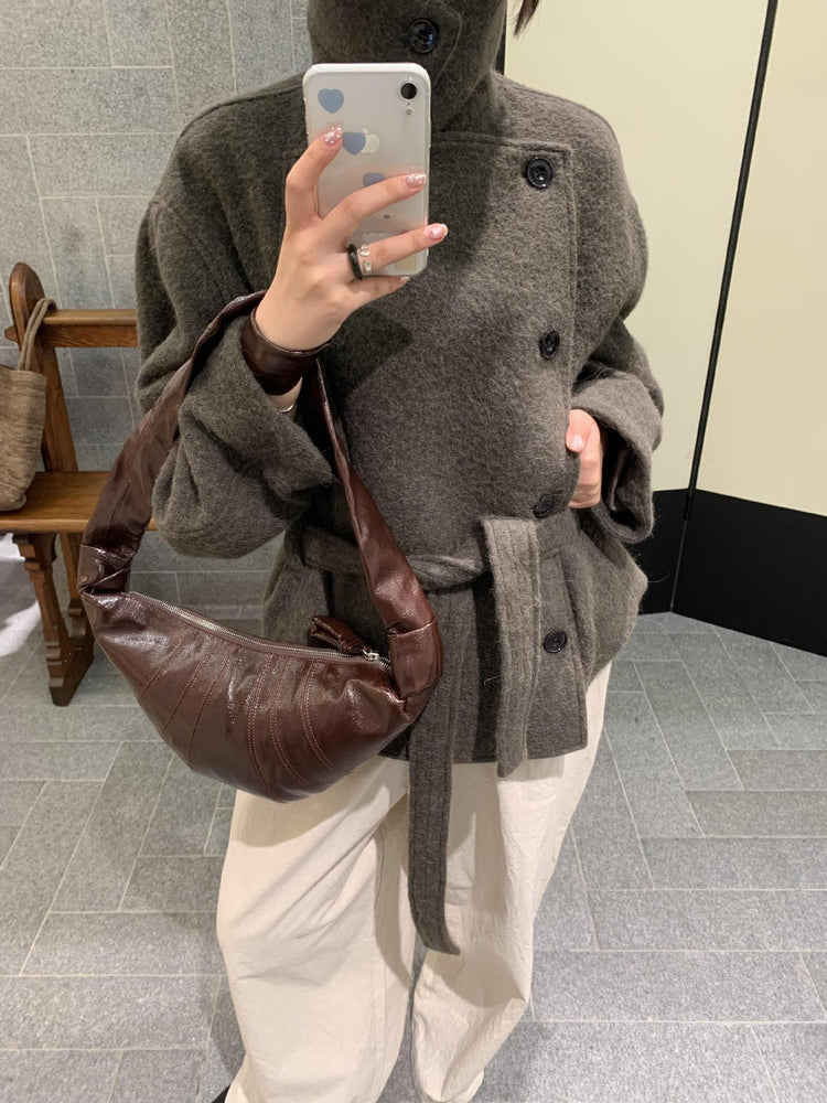 26 Autumn/Winter New Old Coin Style Camel Hair Short Wool Coat Tied Bathrobe Jacket Camel Waist-Cinching Vintage