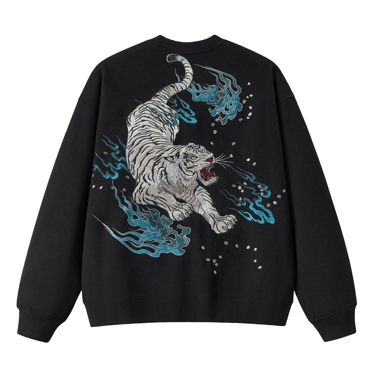 sukajan Kokuchao Heavy Industries Yokosuka White Tiger Embroidered Fleece-Lined Crew Neck Sweatshirt Jacket for Men, Traditional Style Embroidery