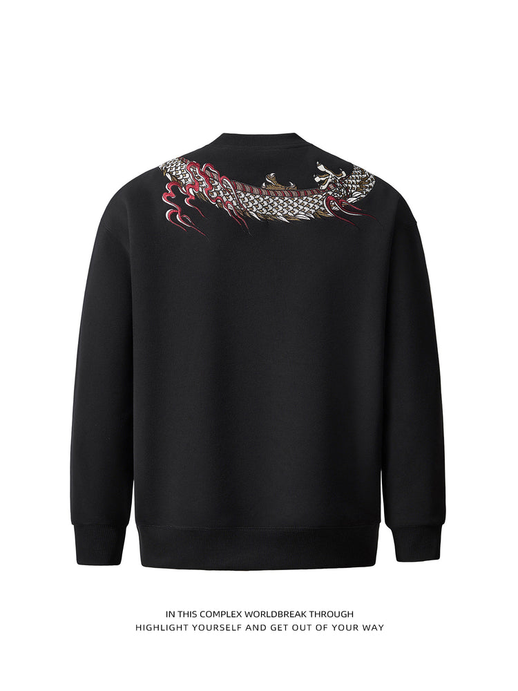 Sukajan Chinese-style Guochao heavy-industry dragon embroidery fleece crew neck pullover sweatshirt for men and women