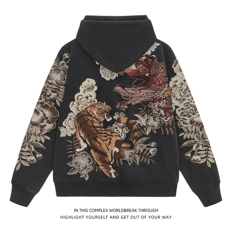 Sukajan Kokuchao Yokosuka Heavy Industries dragon and tiger embroidered sweatshirt men's hooded cardigan, spring-autumn vintage style