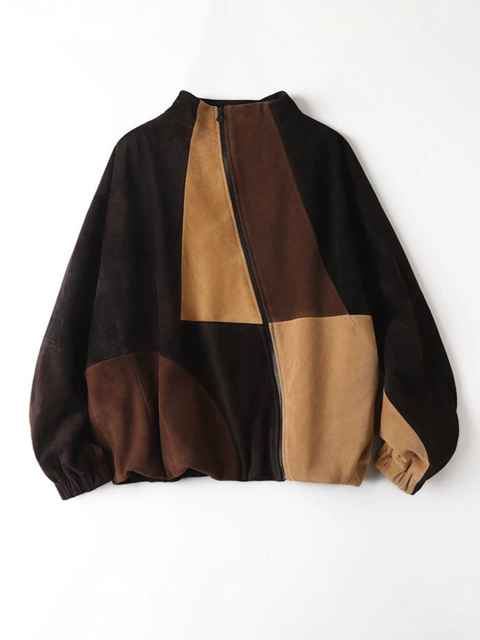 Genuine leather jacket HN6141 suede goatskin color-block bat sleeve stand collar design trendy versatile jacket