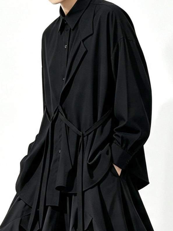 A157 black long Lyocell top, loose drape dark Japanese Yoshi trench coat style Tencel shirt