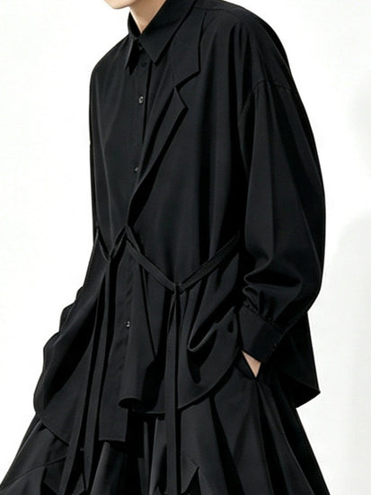 A157 black long Lyocell top, loose drape dark Japanese Yoshi trench coat style Tencel shirt