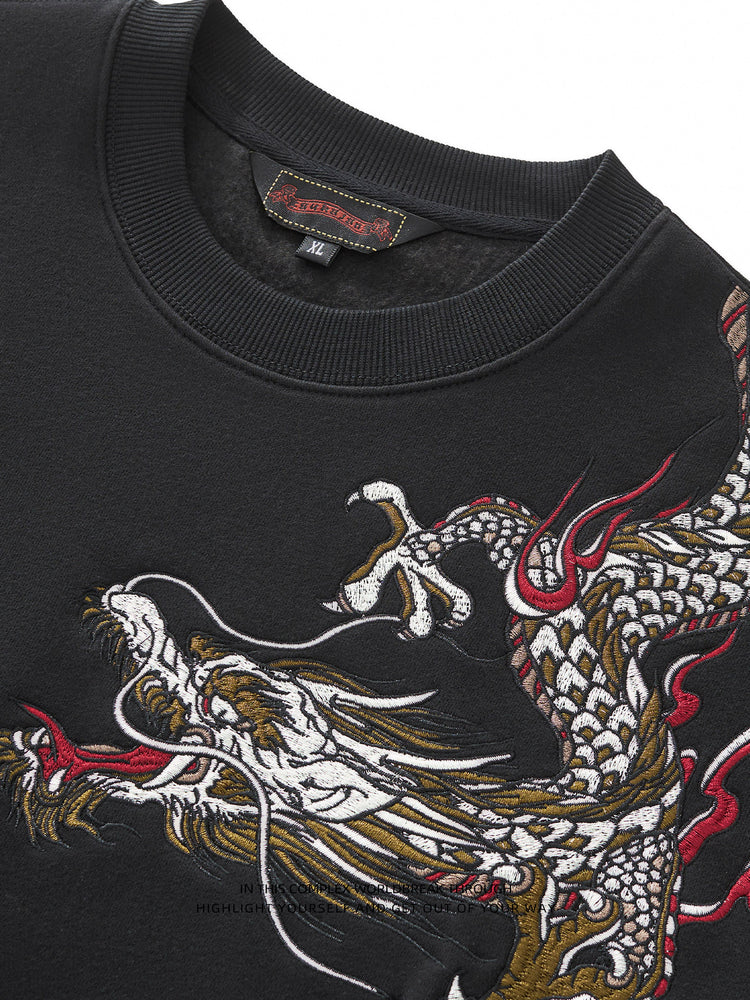 Sukajan Chinese-style Guochao heavy-industry dragon embroidery fleece crew neck pullover sweatshirt for men and women
