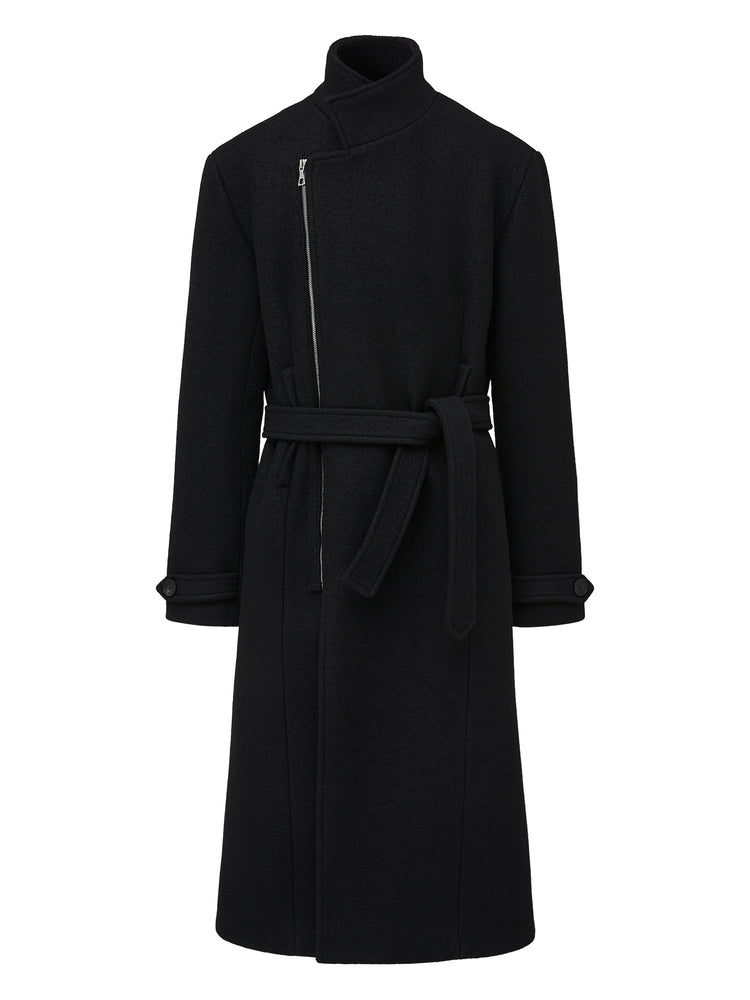 TAICHIISM "100 wool diagonal zipper" strap-on type small stand-up collar tucks lumbar muscle woolen old money coat