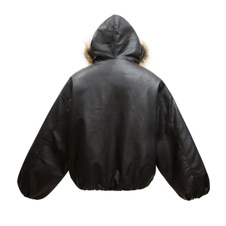 K20 American vintage street winter trendy PU leather design men's thickened warm seat carved hooded cotton jacket