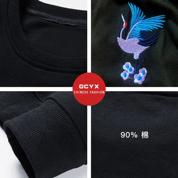 Chinese style crane embroidered long-sleeved crew neck sweatshirt boys' cotton T-shirts autumn and winter plus-size women's plush couple outfits