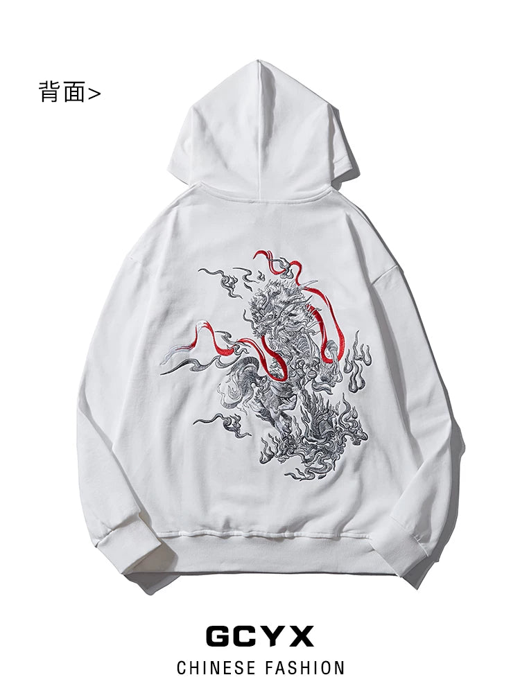 Chinese style unicorn cloud embroidered hooded sweatshirt men's autumn new loose cotton casual plus size hoodie national tide