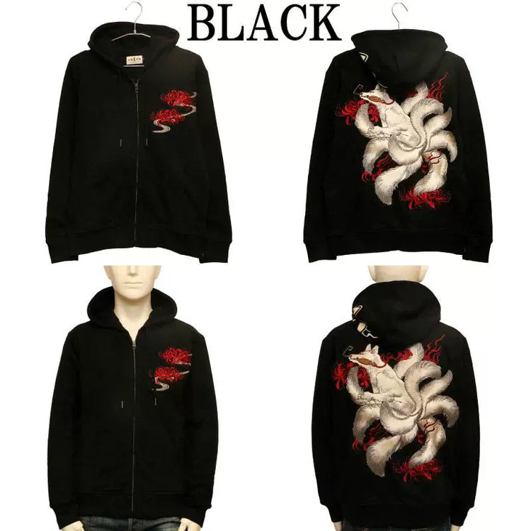 High-end Yokosuka classic ukiyo-e nine-tailed fox red spider lily full embroidery, pure cotton hooded zipper sweatshirt