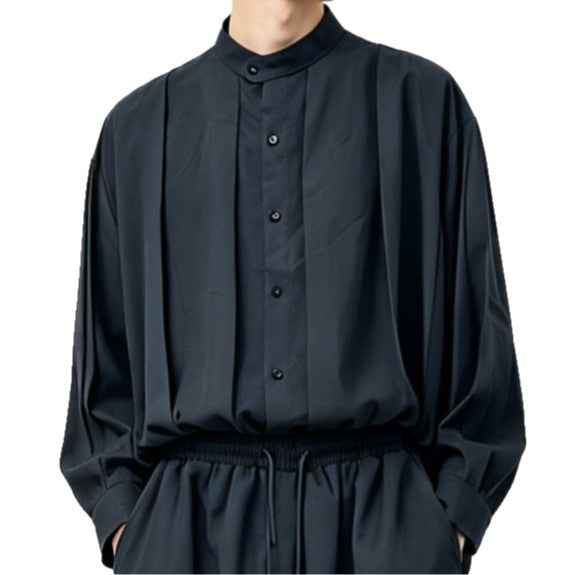 Japanese-style dark stand-collar long-sleeve shirt, loose drape Tencel shirt for men and women, pleated casual Lyocell top