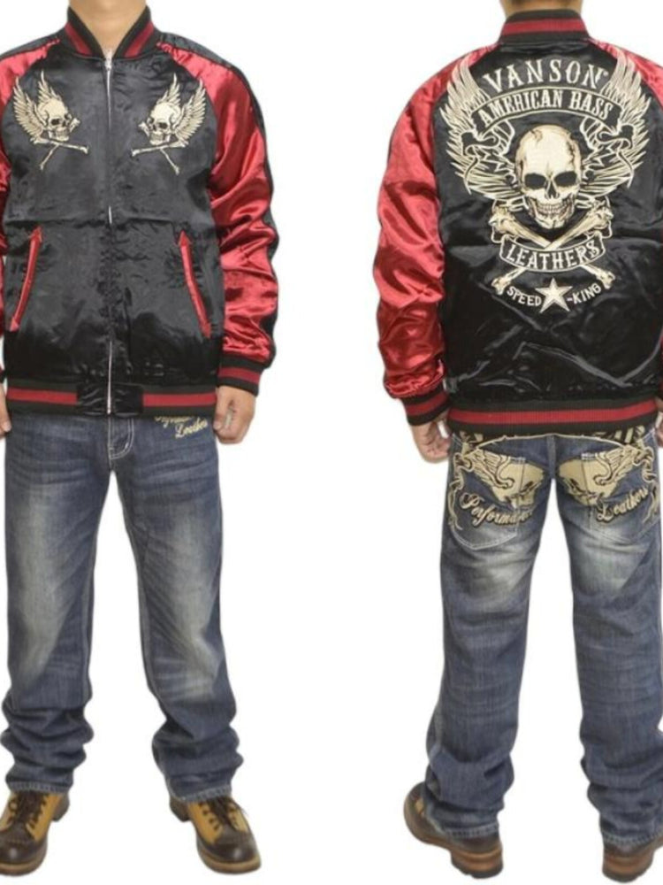VA*SON BIKER VINTAGE HEAVY EMBROIDERY CLASSIC SKULL YOKOSUKA REVERSIBLE MA-1 RAGLAN JACKET