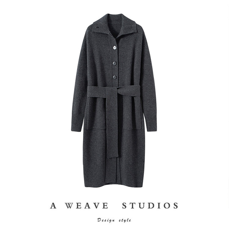 Light luxury and high-end 100% pure cashmere sweater, women's lapel mid-length knit cardigan, loose and slimming coat