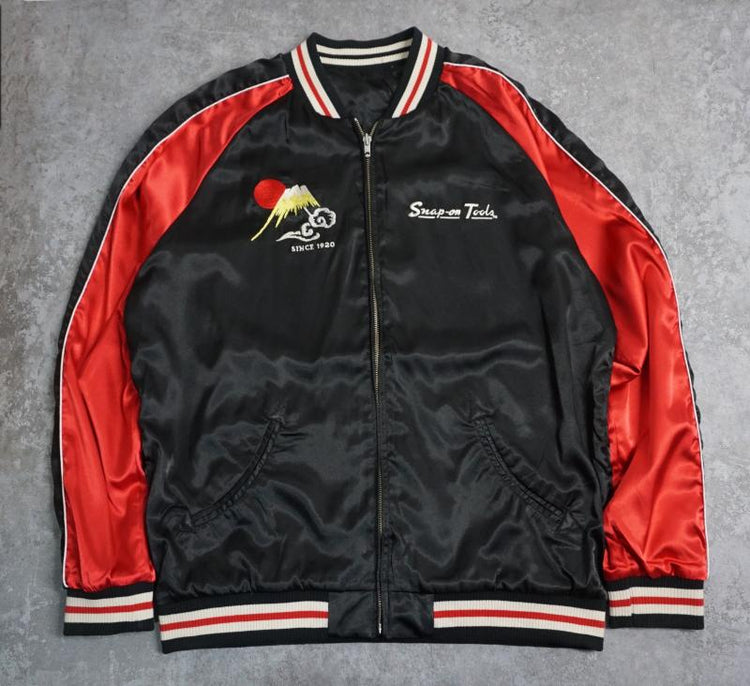 A classic retro biker collaboration Yokosuka embroidered reversible baseball jacket