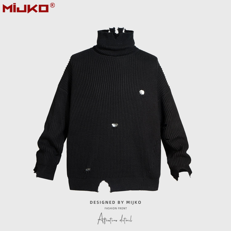 MIJKO men's women's irregularly cut pullover tide unisex turtleneck knitwear silhouette ruined sweater