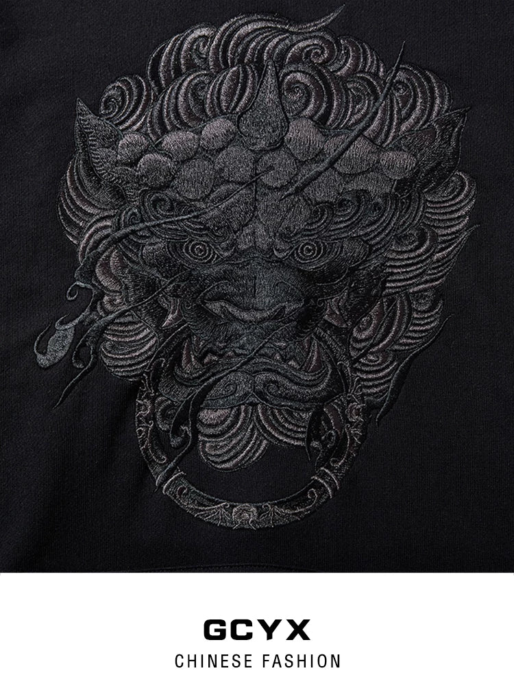 Chinese-style lion dance and embroidered hooded sweatshirt for men, loose and stylish autumn lion head, national trendy casual pure cotton long-sleeve hoodie