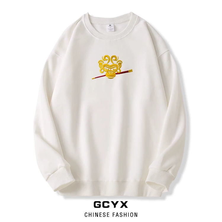 Zodiac Series Year of the Monkey Embroidered Crewneck Sweatshirt for Men and Women: Fleece-Lined Thickened Wukong Great Sage Long-sleeve Chinese Cotton Traditional Chinese Style T-Shirt
