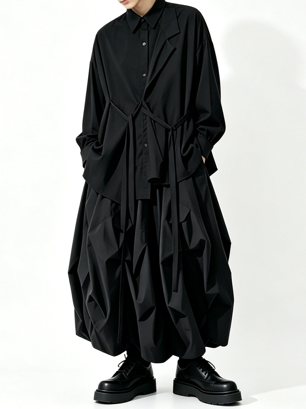 A157 black long Lyocell top, loose drape dark Japanese Yoshi trench coat style Tencel shirt