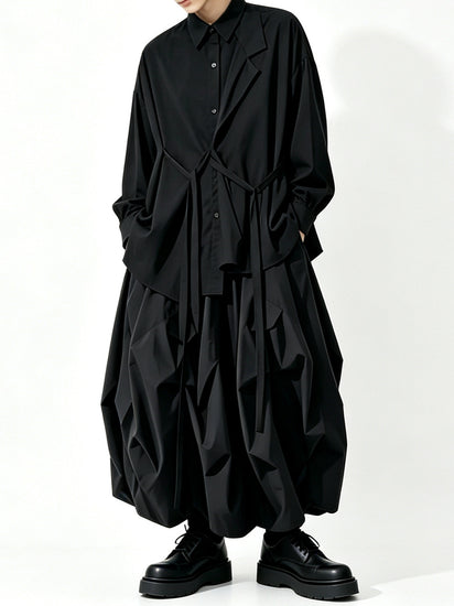 A157 black long Lyocell top, loose drape dark Japanese Yoshi trench coat style Tencel shirt