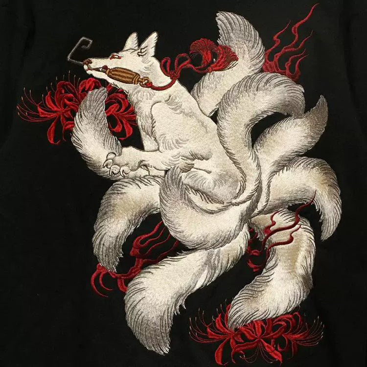 High-end Yokosuka classic ukiyo-e nine-tailed fox red spider lily full embroidery, pure cotton hooded zipper sweatshirt