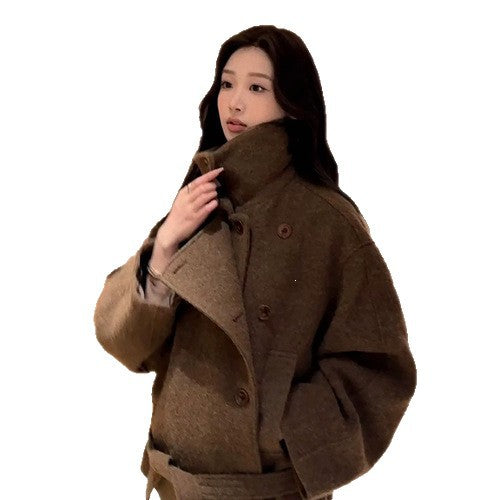 2026 Autumn/Winter New Commuter Style Stand Collar Woolen Jacket for Women, Loose Tie Waist Waist with Thickened Pockets Warm Coat
