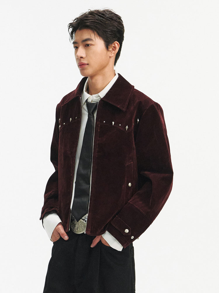 TAICHIISM 26FW "Red Night" velvet flocked denim short elegant riveted lapel western jacket