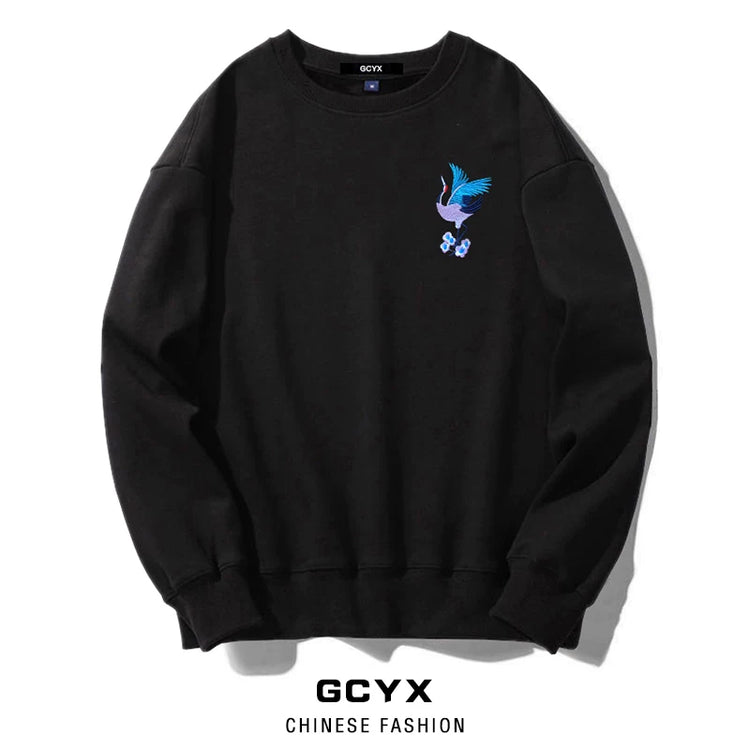 Chinese style crane embroidered long-sleeved crew neck sweatshirt boys' cotton T-shirts autumn and winter plus-size women's plush couple outfits