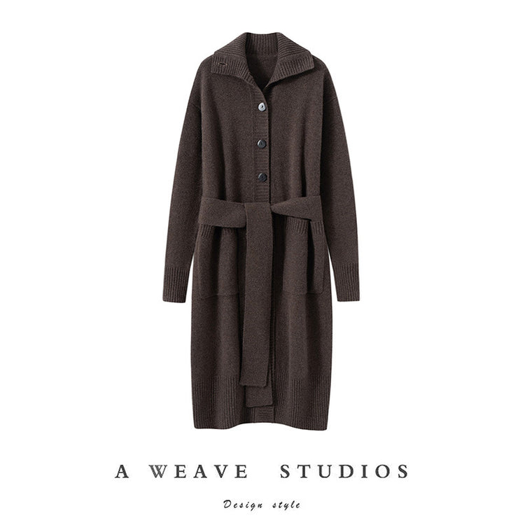 Light luxury and high-end 100% pure cashmere sweater, women's lapel mid-length knit cardigan, loose and slimming coat