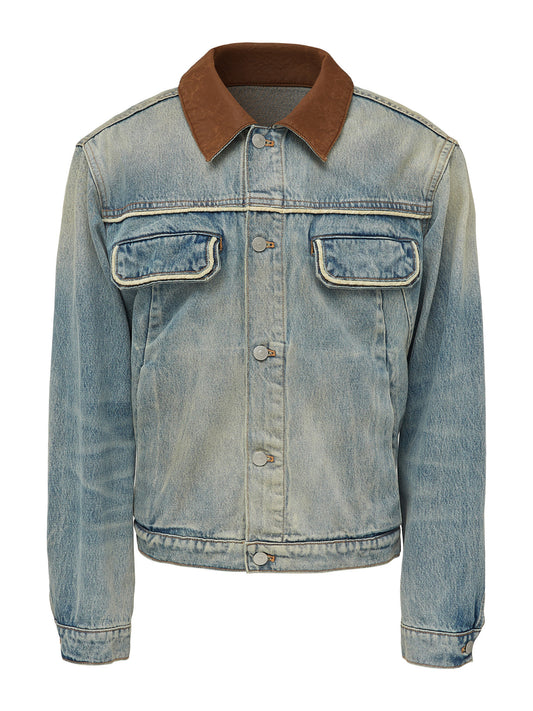 TAICHIISM "Cord Leather Collar" vintage vintage color-block jacket with a washed lapel denim jacket
