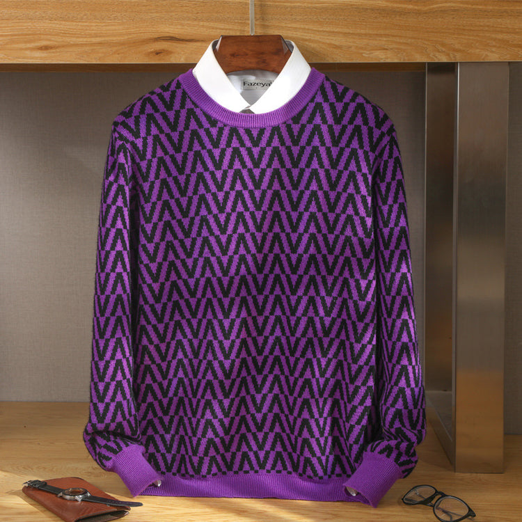 Men's 100% Pure Wool Sweater 2 Autumn/Winter New Coffee-Base White Wavy Round Neck Knit Non-Irritating Men's Wear