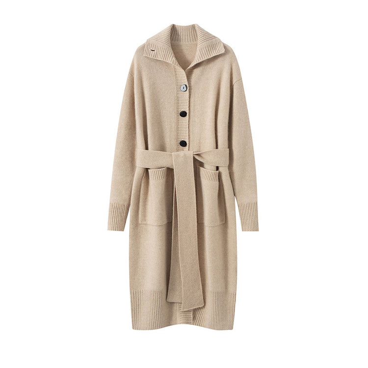 Light luxury and high-end 100% pure cashmere sweater, women's lapel mid-length knit cardigan, loose and slimming coat