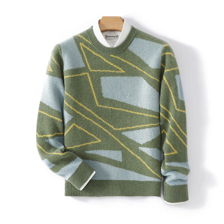 Men's pure wool sweater, teenage irregular pattern knit base shirt, winter plus-size cashmere sweater, crew neck sweater
