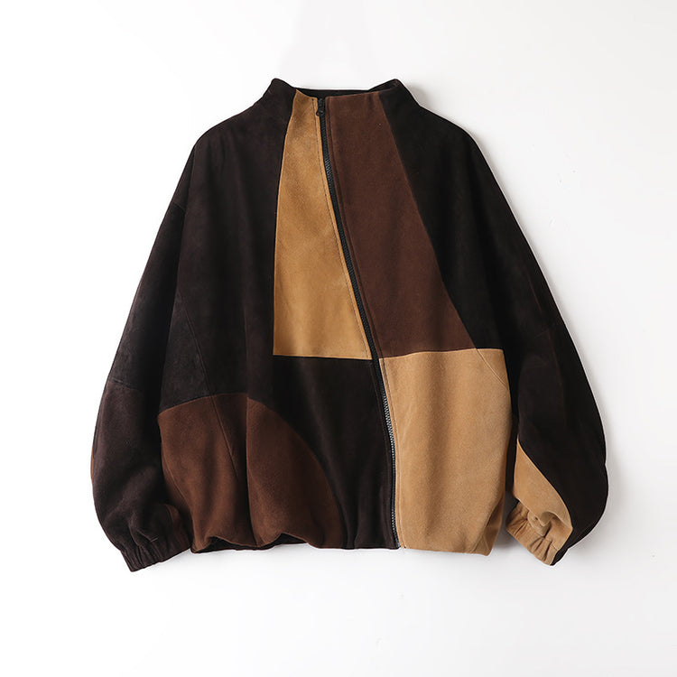 Genuine leather jacket HN6141 suede goatskin color-block bat sleeve stand collar design trendy versatile jacket