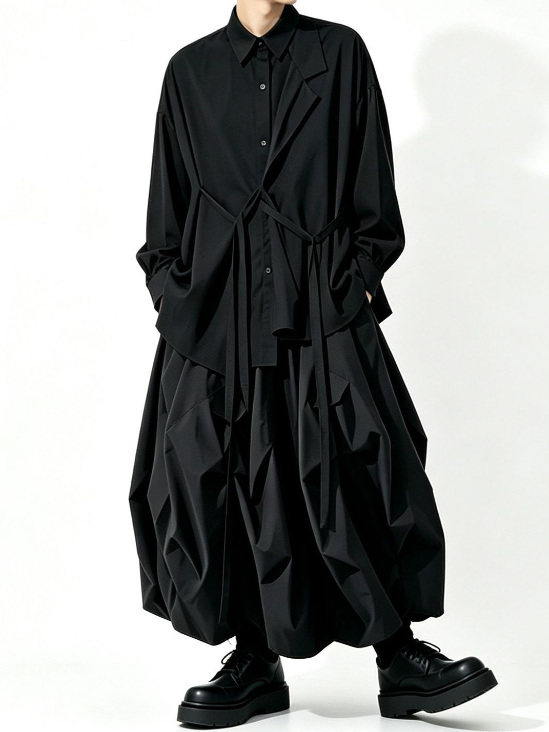 A157 black long Lyocell top, loose drape dark Japanese Yoshi trench coat style Tencel shirt