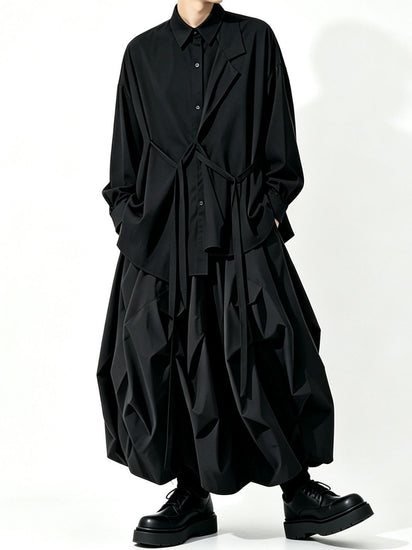 A157 black long Lyocell top, loose drape dark Japanese Yoshi trench coat style Tencel shirt