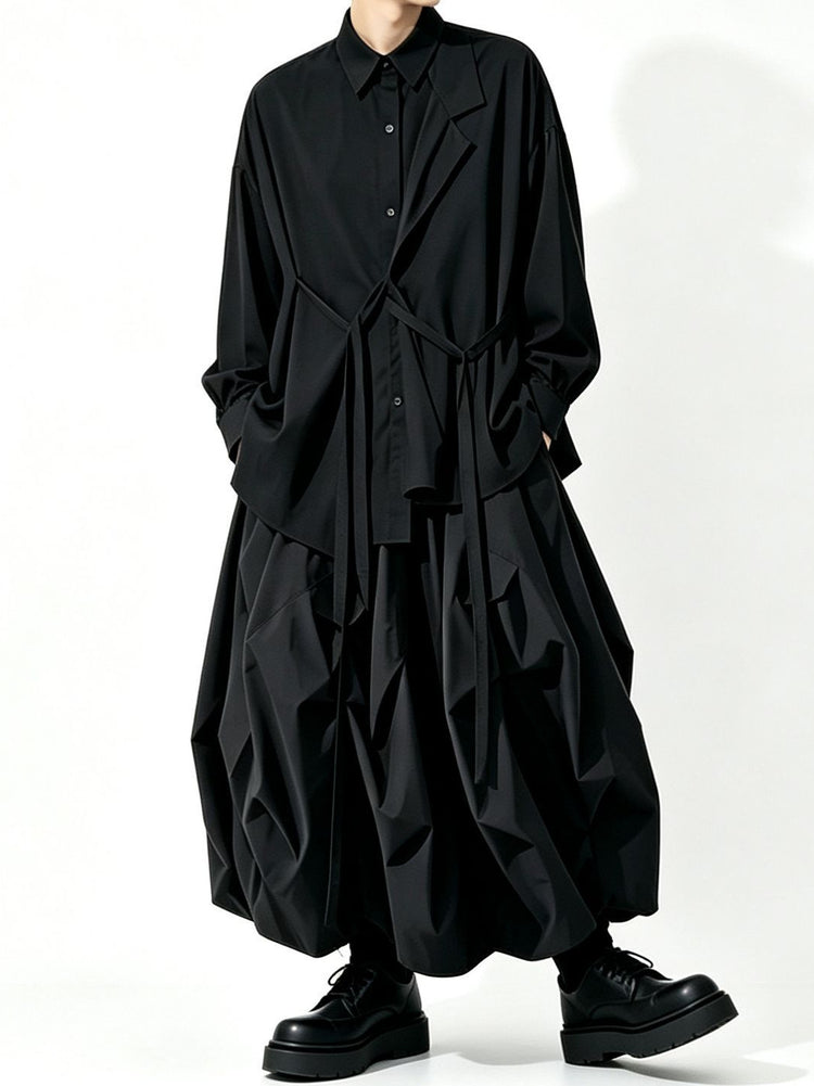 A157 black long Lyocell top, loose drape dark Japanese Yoshi trench coat style Tencel shirt