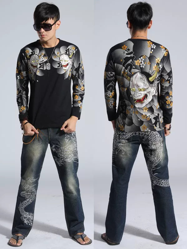 Foreign trade exports to Japan round neck embroidery long sleeve T-shirt and handle Yokosuka ukiyo-e tattoo tattoo embroidery flower banno
