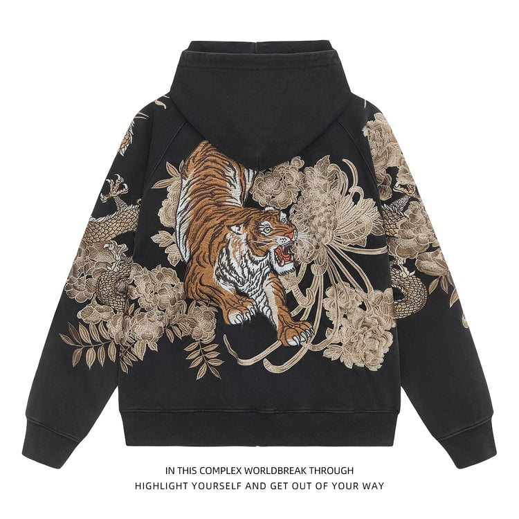 Sukajan New National Trend Yokosuka Heavy Industries Dragon and Tiger Embroidered Sweatshirt for Men's Hooded Cardigan Jacket Aged Spring and Autumn