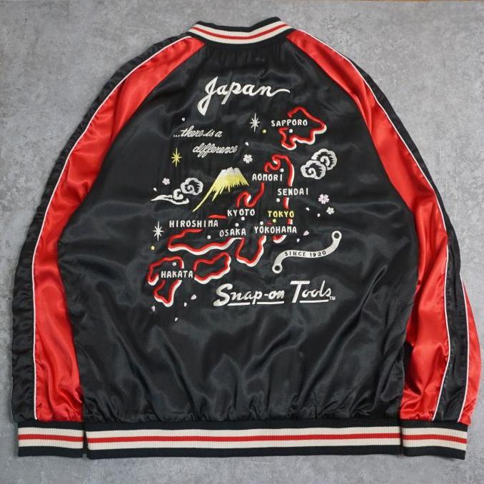 A classic retro biker collaboration Yokosuka embroidered reversible baseball jacket