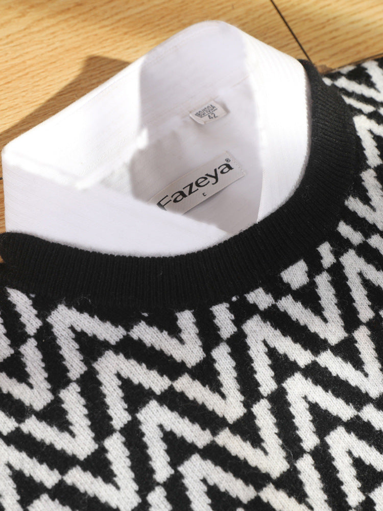 Men's 100% Pure Wool Sweater 2 Autumn/Winter New Coffee-Base White Wavy Round Neck Knit Non-Irritating Men's Wear