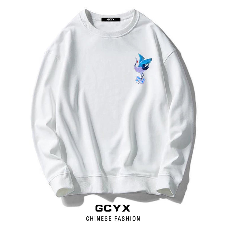 Chinese style crane embroidered long-sleeved crew neck sweatshirt boys' cotton T-shirts autumn and winter plus-size women's plush couple outfits