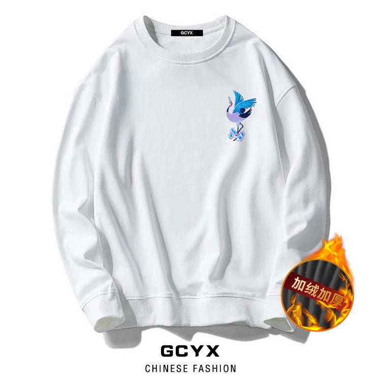 Chinese style crane embroidered long-sleeved crew neck sweatshirt boys' cotton T-shirts autumn and winter plus-size women's plush couple outfits