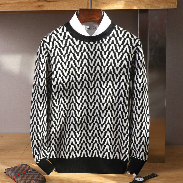 Men's 100% Pure Wool Sweater 2 Autumn/Winter New Coffee-Base White Wavy Round Neck Knit Non-Irritating Men's Wear
