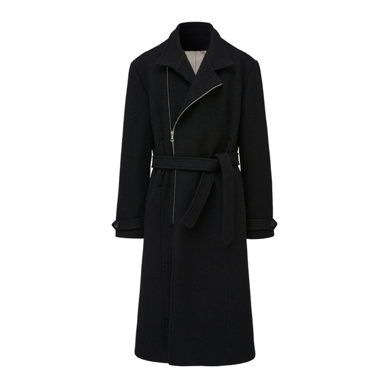 TAICHIISM "100 wool diagonal zipper" strap-on type small stand-up collar tucks lumbar muscle woolen old money coat