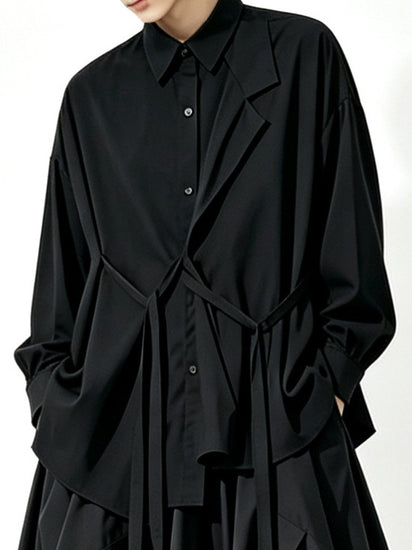 A157 black long Lyocell top, loose drape dark Japanese Yoshi trench coat style Tencel shirt