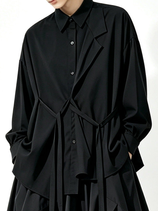 A157 black long Lyocell top, loose drape dark Japanese Yoshi trench coat style Tencel shirt