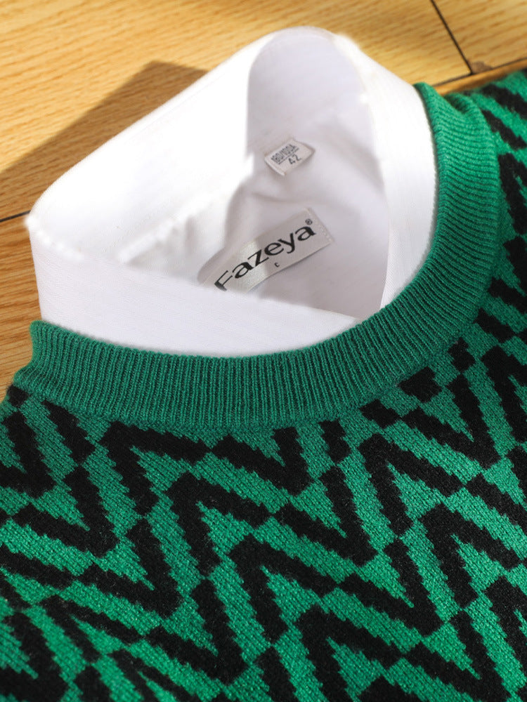 Men's 100% Pure Wool Sweater 2 Autumn/Winter New Coffee-Base White Wavy Round Neck Knit Non-Irritating Men's Wear